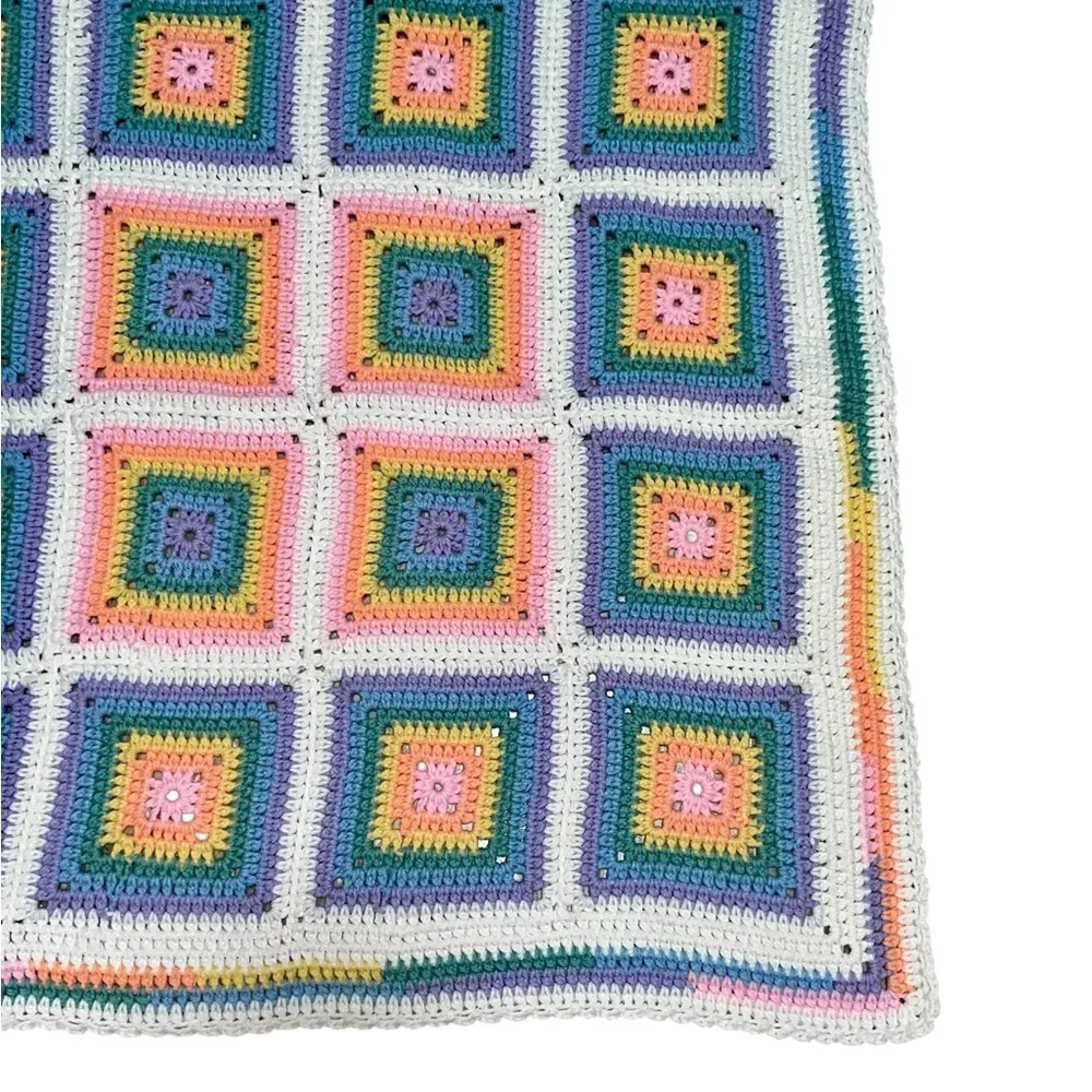 Vintage 70s  Square Granny Afghan Crochet Baby, Chair Blanket  35.5 Inches
